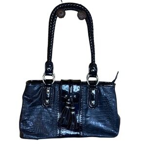 Black Croc Embossed Faux Leather Shoulder Bag Tassel Studded Braided Strap
